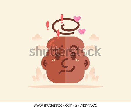 Illustration of a head with a face that has a happy and sad expression. Concept of mental or psychological health problems. Disorders of thought, feelings, and emotional instability. Metaphor, flat style