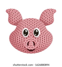 Illustration of a head of a funny knitted  pig toy. On white background