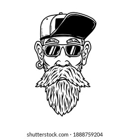 Illustration of a head of funny old biker. Design element for poster, card, banner, sign, emblem. Vector illustration