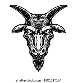 Illustration of head of goat in vintage monochrome style. Design element for logo, emblem, sign, poster, card, banner. Vector illustration