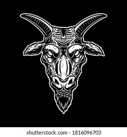 Illustration of head of goat in vintage monochrome style. Design element for logo, emblem, sign, poster, card, banner. Vector illustration