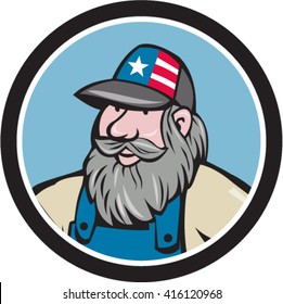 Illustration Of A Head Of Hillbilly Man With Beard Wearing Hat With Stars And Stripes Looking To The Side Viewed From Front Set Inside Circle Done In Cartoon Style. 