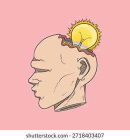 Ilustración de una cabeza con una bombilla que significa alguien que tiene ideas brillantes.