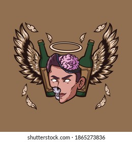 Illustration of a head of a man with half skull and brain with wine bottles and wings. 