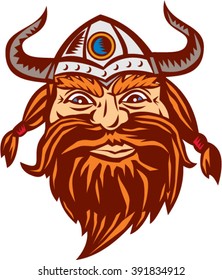 Illustration of a head of a norseman viking warrior raider barbarian wearing horned helmet with beard viewed from the front set on isolated white background. 