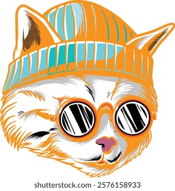 illustration head of orange cat with sunglasses and blue and orange hat.