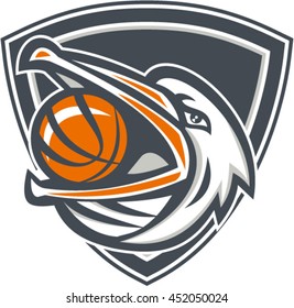 Illustration of a head of a pelican bird with basketball in mouth looking up to the side set inside shield crest done in retro style. 