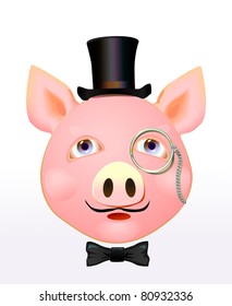 Illustration of head of PIG-gentleman in a HAT and a TIE-butterfly. Moustaches. Vector.