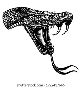 Illustration of head of poisonous snake  in engraving style. Design element for logo, label, emblem, sign, badge. Vector illustration