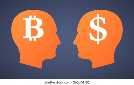 Illustration of a head set with a bitcoin and a dollar