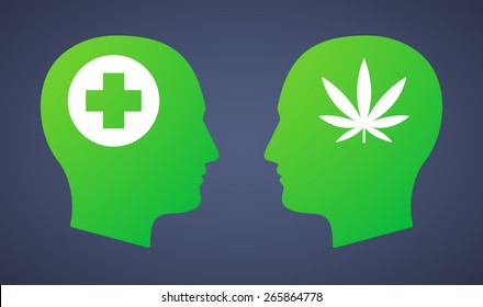Illustration of a head set with a marijuana leaf and a pharmacy sign