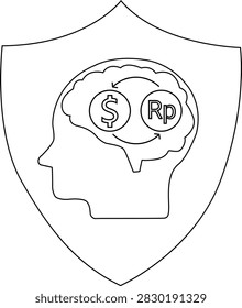 Illustration of a head silhouette within a shield, featuring a brain with dollar and rupiah symbols exchanging, representing currency conversion thinking.
