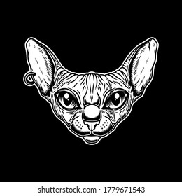 Illustration of head of Sphynx cat breed in vintage monochrome style. Design element for logo, emblem, sign, poster, card, banner. Vector illustration