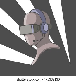 Illustration with head, virtual reality headset, grey stripes