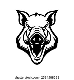 Illustration of head of wild angry boar in vintage monochrome style. Design element for logo, emblem, sign, poster, card, banner. Vector illustration