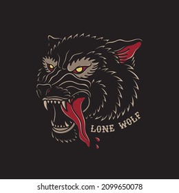 illustration of head wolf with traditional old school tattoo