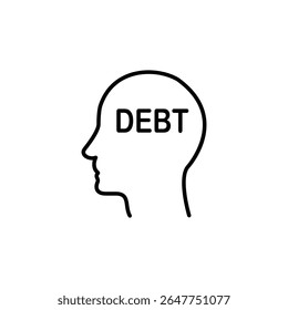 An illustration of a head with the word 'DEBT' inside, representing financial stress.