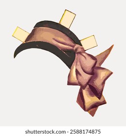 Illustration of a headband with a large bow and geometric accents. The headband features a prominent bow, with geometric shapes enhancing its design. Vintage art illustration, vector.