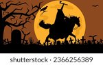 Illustration of headless horseman riding a horse on a cemetery background