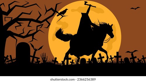 Illustration of headless horseman riding a horse on a cemetery background