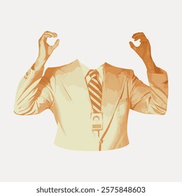 Illustration of a headless person in a suit with raised hands. The suit, hands, and ID badge are visible. The headless figure creates a surreal effect. Vintage art, isolated vector element.