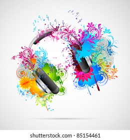 illustration of headphone with abstract grungy and floral element