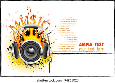 illustration of headphone and speaker with fire on music background