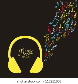 illustration of headphones, with small musical notes, vector illustration