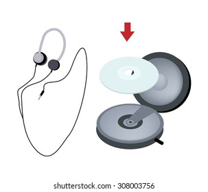 Illustration Of Headphones Or Headphones Used With CD And DVD Player Or Walkman Isolated On White Background.