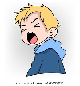 illustration of health and care, boy is sneezing and is infected with the flu virus