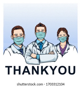 Illustration of health professional team using mask with thankyou on white isolated background