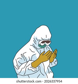 illustration of a health worker wearing personal protective equipment, praying raising both hands