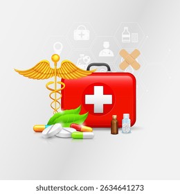 illustration of Healthcare and Medical background with medicine and First Aid Box