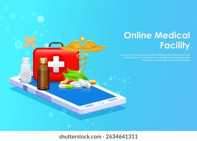 illustration of Healthcare and Medical background with medicine and First Aid Box on mobile phone showing Online Medical Facility