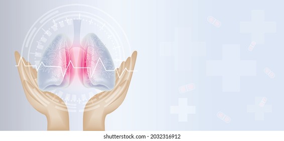 Illustration of Healthcare and medicine, Covid-19, Doctor holding Human Lungs with coronavirus spread inside on modern interface background , Innovation and Medical technology.