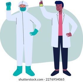 Illustration of healthcare professional workers using hazmat suit and medical lab scientist, vector doctors illustration