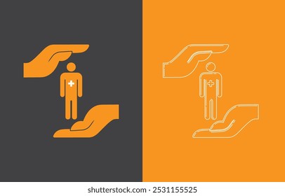 Ilustração da proteção da saúde, mostrando uma pessoa com uma cruz médica apoiada por mãos. Enfatiza o cuidado, a segurança e o apoio, com cores contrastantes simbolizando o equilíbrio