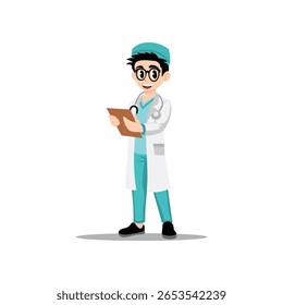 ilustração, saúde e tablet com um médico no trabalho para pesquisa ou inovação. 