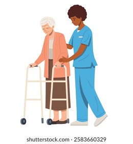 An illustration of a healthcare worker in blue scrubs assisting an elderly woman using a walker.