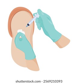 An illustration of a healthcare worker s hands preparing and administering a vaccine to a patient in a clinical setting, demonstrating dedication to public health.