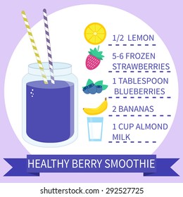 Illustration of healthy berry smoothie recipe with ingredients. Can be used as menu element for cafe or restaurant.