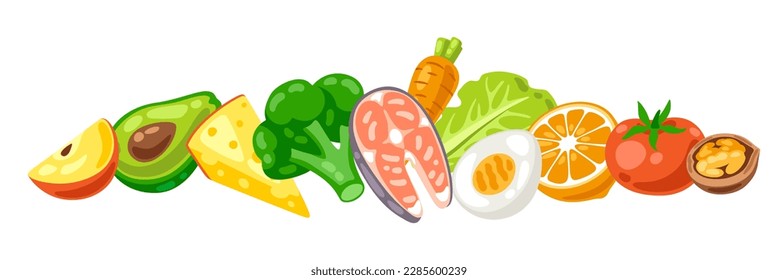 Ilustración de comida saludable y dieta. Frutas, verduras y proteínas para una nutrición adecuada.