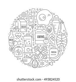 Illustration of healthy food arranged in a circle. Diet concept made in line style vector. Healthy lifestyle symbol.