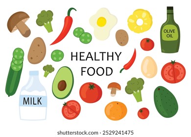 Illustration of healthy food items like vegetables, fruits, dairy, oils, arranged around text.