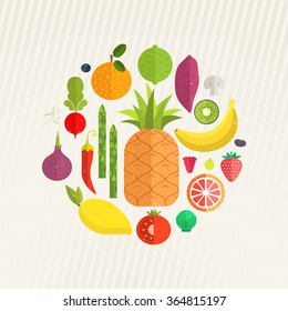 Illustration of healthy food made in flat style vector. Organic fruits and vegetables arranged in a circle.