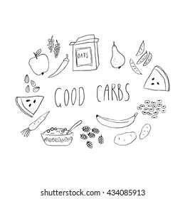 Illustration of healthy foods, fruit and vegetables. Hand drawn seeds, almond, apple, watermelon, banana, potato, carrot, chili pepper, pear, berries, oatmeal and lettering.