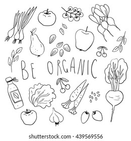 Illustration of healthy foods, fruit and vegetables. Hand drawn apple, carrot, pear, lettuce, spinach, cherry, radish, almond, beet, garlic, milk, spring onion, tomato, seeds and doodle lettering.