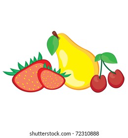 Illustration of healthy fresh fruit. Pear, strawberry, and cherry