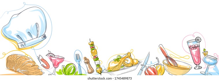 illustration of healthy and fresh fruit and vegetable with kitchen tools and utensil for home cooking