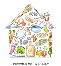 illustration of healthy and fresh fruit and vegetable with kitchen tools and utensil for home cooking